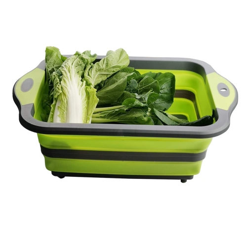 Green Collapsible Cutting Board with Colander, Multifunction Silicone Folding Chopping Board Dish Tub Basin Food Strainer Storage Basket, Draining &