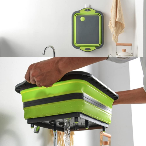 Green Collapsible Cutting Board with Colander, Multifunction Silicone Folding Chopping Board Dish Tub Basin Food Strainer Storage Basket, Draining &