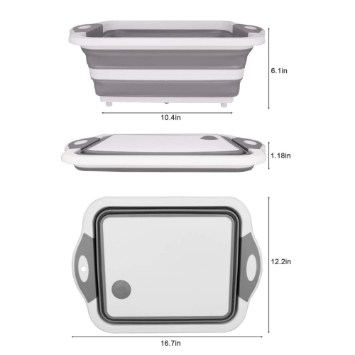 Collapsible Cutting Board with Colander Containers, Foldable Food Grade Silicone Dish Tub Chopping Board, Washing Basin Draining Basket Strainer for