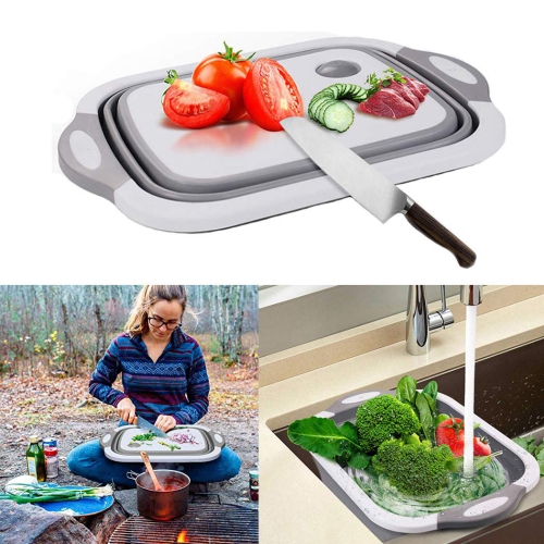 Collapsible Cutting Board with Colander Containers, Foldable Food Grade Silicone Dish Tub Chopping Board, Washing Basin Draining Basket Strainer for