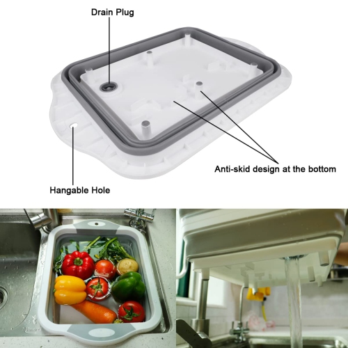 Collapsible Cutting Board with Colander Containers, Foldable Food Grade Silicone Dish Tub Chopping Board, Washing Basin Draining Basket Strainer for