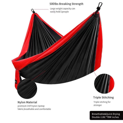 Double Camping Hammock, Lightweight Portable Parachute 500lbs Capacity Hammock for Backpacking, Camping, Travel, Beach, Garden