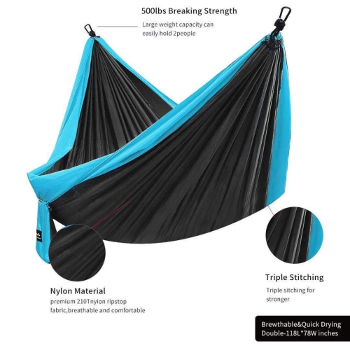 Hamac de camping double, parachute portatif léger hamac de 500lbs kg pour la randonnée, le camping, le voyage, la plage, le jardin