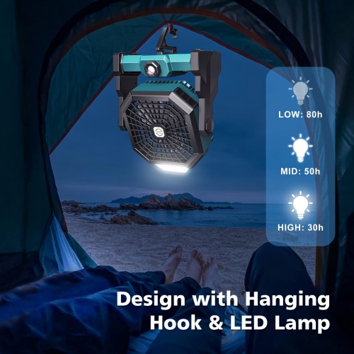 Camping Fan, Camping Fan Rechargeable with LED Lantern & Hanging Hook, Battery Operated Camping Fan for Tent, 270° Rotation, Portable USB Camping Fan