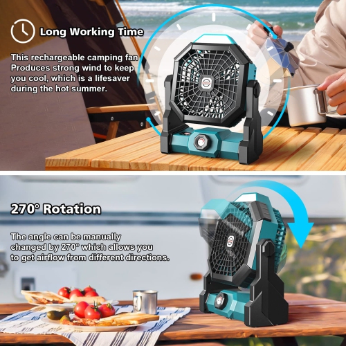 Camping Fan, Camping Fan Rechargeable with LED Lantern & Hanging Hook, Battery Operated Camping Fan for Tent, 270° Rotation, Portable USB Camping Fan