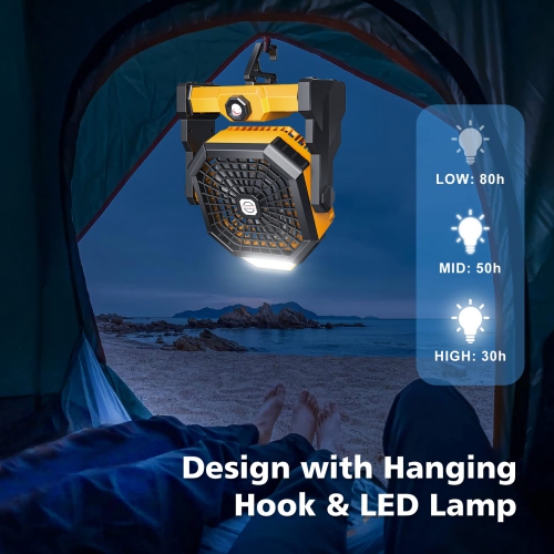 Camping Fan, Camping Fan Rechargeable with LED Lantern & Hanging Hook, Battery Operated Camping Fan for Tent, 270° Rotation, Portable USB Camping Fan