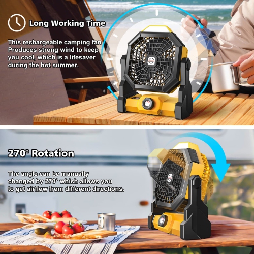 Camping Fan, Camping Fan Rechargeable with LED Lantern & Hanging Hook, Battery Operated Camping Fan for Tent, 270° Rotation, Portable USB Camping Fan