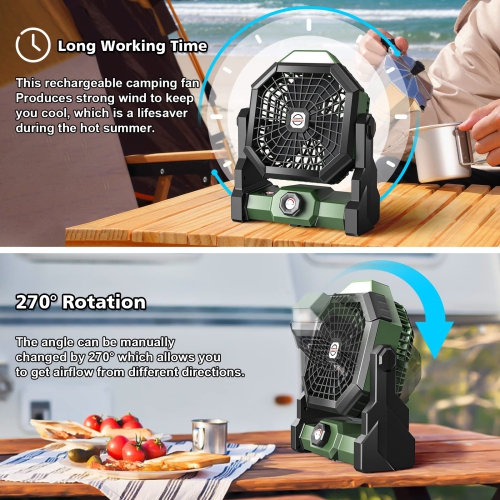 Camping Fan, Camping Fan Rechargeable with LED Lantern & Hanging Hook, Battery Operated Camping Fan for Tent, 270° Rotation, Portable USB Camping Fan