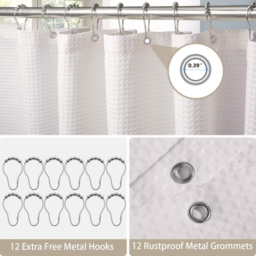 Waffle Weave Shower Curtain with Stainless Steel Hooks - 230 GSM Heavy Duty Fabric Bath Curtains, Hotel Luxury Quality, Water Resistant, Machine