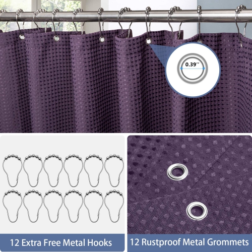 Waffle Weave Shower Curtain with Stainless Steel Hooks - 230 GSM Heavy Duty Fabric Bath Curtains, Hotel Luxury Quality, Water Resistant, Machine