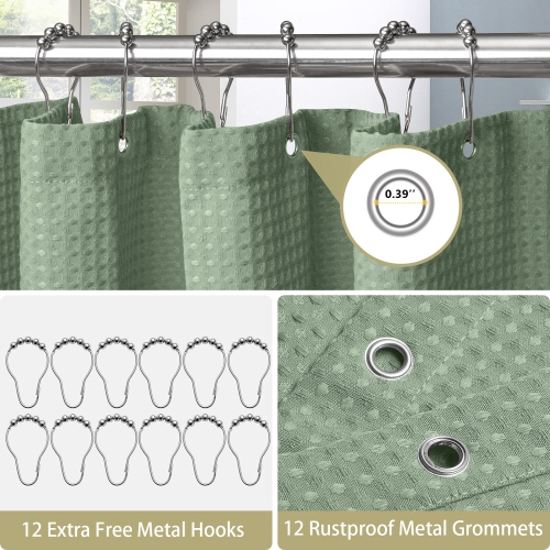 Waffle Weave Shower Curtain with Stainless Steel Hooks - 230 GSM Heavy Duty Fabric Bath Curtains, Hotel Luxury Quality, Water Resistant, Machine