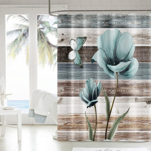 Rustic Shower Curtain, Waterproof Floral Shower Curtain, Polyester Fabric Shower Curtain Set, Bathroom Curtain Machine Washable Bath Curtain, Shower