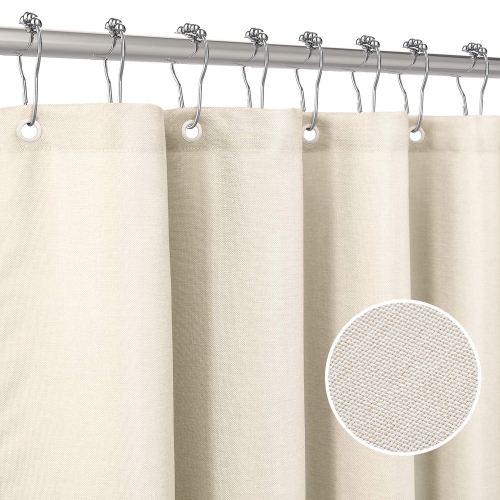 Linen Textured Shower Curtain with Stainless Steel Hooks - 230 GSM Heavy Duty Fabric Bath Curtains, Hotel Luxury Quality, Water Resistant, Machine Wa
