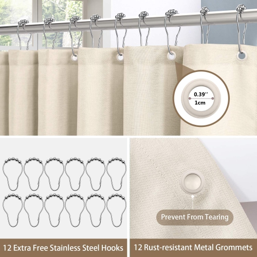 Linen Textured Shower Curtain with Stainless Steel Hooks - 230 GSM Heavy Duty Fabric Bath Curtains, Hotel Luxury Quality, Water Resistant, Machine