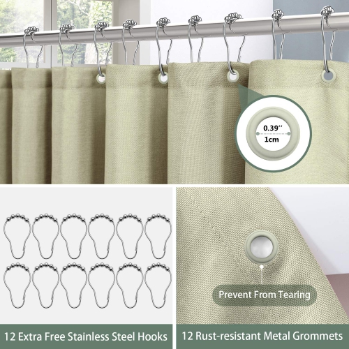 Linen Textured Shower Curtain with Stainless Steel Hooks - 230 GSM Heavy Duty Fabric Bath Curtains, Hotel Luxury Quality, Water Resistant, Machine