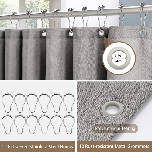Linen Textured Shower Curtain with Stainless Steel Hooks - 230 GSM Heavy Duty Fabric Bath Curtains, Hotel Luxury Quality, Water Resistant, Machine