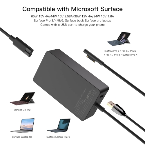 65W Surface Charger for Pro 11/10/9/8/7+/7/6/5/4/3/X, Laptop 6/5/4/3/2/1, Go 3/2/1, Book 3/2/1, Studio 1 i5, Model 1706/1866/1796, 10FT Long PD Cable