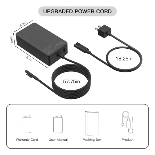65W Surface Charger for Pro 11/10/9/8/7+/7/6/5/4/3/X, Laptop 6/5/4/3/2/1, Go 3/2/1, Book 3/2/1, Studio 1 i5, Model 1706/1866/1796, 10FT Long PD Cable