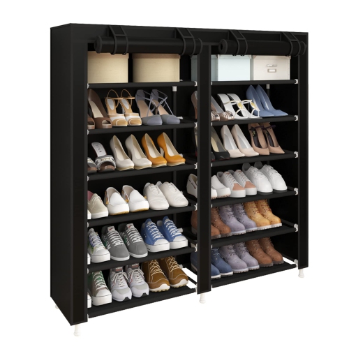 Shoe Rack Portable Storage Free Standing Shoe Organizer with Non-Woven Fabric Cover,Black