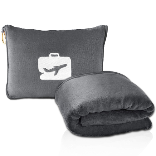 Travel Blanket and Pillow - Premium Soft 2 in 1 Airplane Blanket with Soft Bag Pillowcase, Hand Luggage Sleeve and Backpack Clip