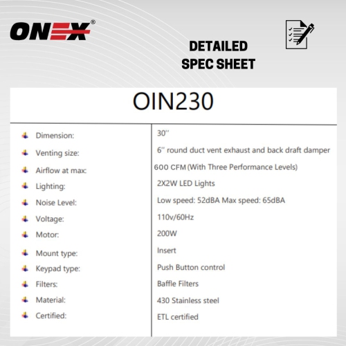 ONEX® OIN236 Stainless Steel Under Cabinet 36 inch Insert Range Hood.