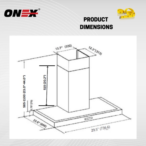 ONEX® OIF136 Stainless Steel Wall Mount 36 inch Island Range Hood.