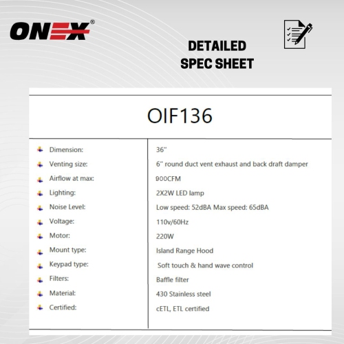 ONEX® OIF136 Stainless Steel Wall Mount 36 inch Island Range Hood.
