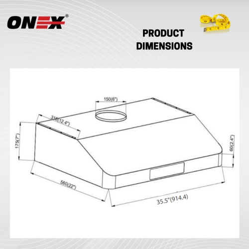 ONEX® OHF96R-BL Stainless Steel Under Cabinet 36 inch Range Hood.