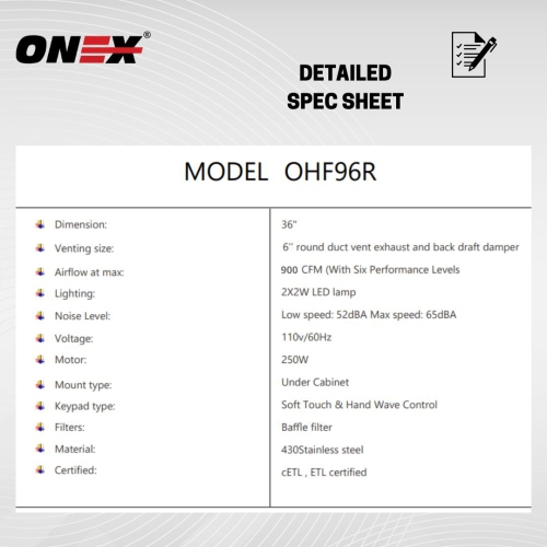 ONEX® OHF96R-BL Stainless Steel Under Cabinet 36 inch Range Hood.