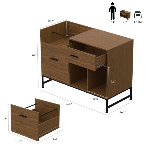 File Cabinet, 100 x 40 cm Lateral Filing Cabinet with 2 Drawers, Printer Stand, Open Storage Shelves for Home, Office