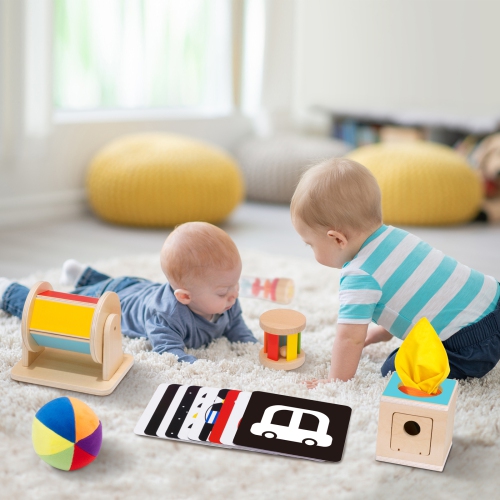 Ensemble de jouets d'apprentissage précoce de TOOKYLAND - Ensemble de jeu Montessori éducatif 6-en-1; jouets en bois pour bébé de 0-6 mois et plus