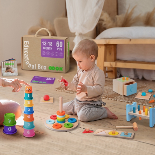 Ensemble de jouets d'apprentissage précoce de TOOKYLAND - Ensemble de jeu Montessori éducatif 6-en-1; jouets en bois pour tout-petits de 13-18 mois