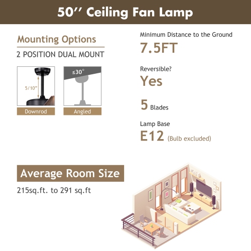 Costway 50" Ceiling Fan with Light Classic Ceiling Fan Lamp w/Noiseless Reversible Motor