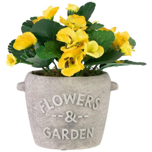 NORTHLIGHT  Pansy Artificial Floral Arrangement In "flowers & Garden" Pot - 7" - In Yellow