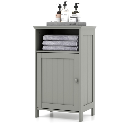 TOPBUY  Bathroom Floor Cabinet Single Door Side Cabinet W/ Open Compartment & 3-Position Adjustable Shelf White/grey