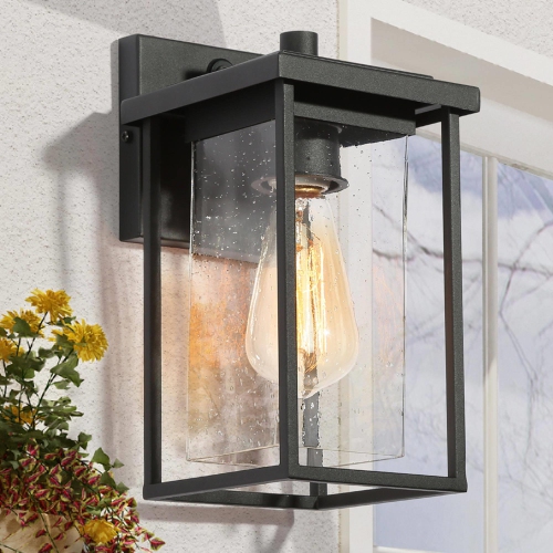 Geoma Mid-Century Modern 1-Light Black Seeded Glass Wall Sconce Outdoor Wall Lantern