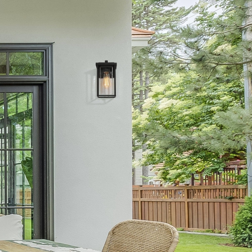 Geoma Mid-Century Modern 1-Light Black Seeded Glass Wall Sconce Outdoor Wall Lantern