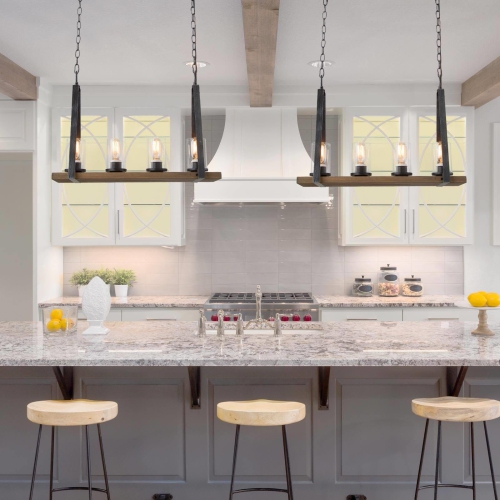 Farmhouse 4-lights Wood Linear Chandelier with Glass Shades