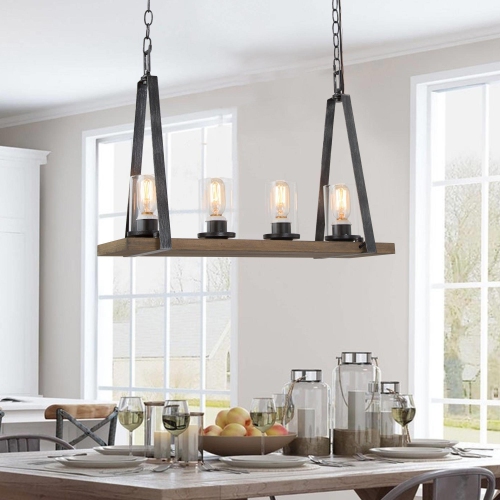 Farmhouse 4-lights Wood Linear Chandelier with Glass Shades