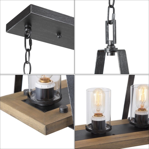 Farmhouse 4-lights Wood Linear Chandelier with Glass Shades