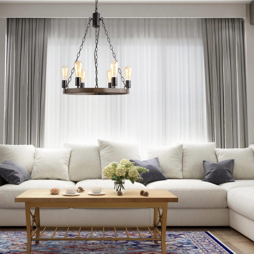 The Gray Barn Farmhouse Wagon Wheel 6-lights Chandelier for Kitchen Island,Diving Room