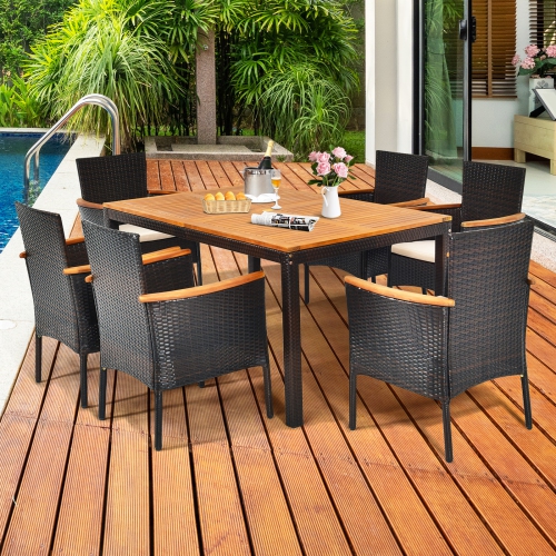 Topbuy 7-Piece Outdoor Dining Set Patio Rattan Table and Chairs Set with Umbrella Hole