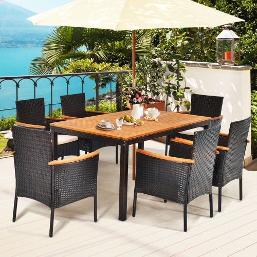 Topbuy 7-Piece Outdoor Dining Set Patio Rattan Table and Chairs Set with Umbrella Hole