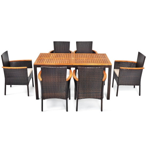 Topbuy 7-Piece Outdoor Dining Set Patio Rattan Table and Chairs Set with Umbrella Hole
