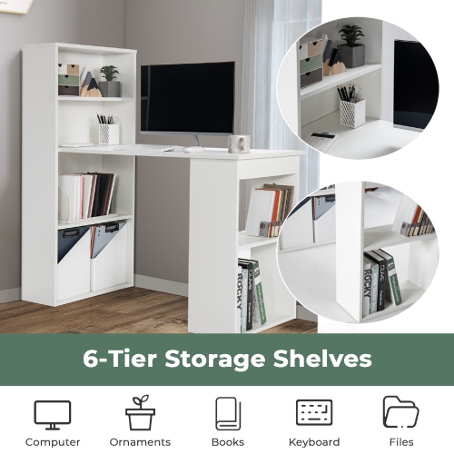 Topbuy 48 Inch Computer Desk with Bookshelf 3-in-1 Home office Desk with 4-Tier Bookcase & CPU Stand Space-saving Reversible Writing Desk Black/White