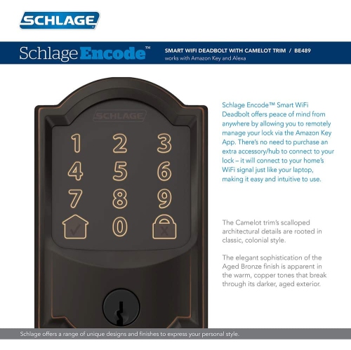 Pêne dormant Wi-Fi intelligent Encode Schlage avec bordure Camelot bronze vieilli