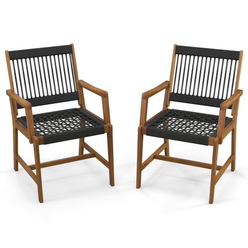 COSTWAY  Patio 2PCs Acacia Wood Dining Chairs All-Weather Rope Woven Armchairs Outdoor