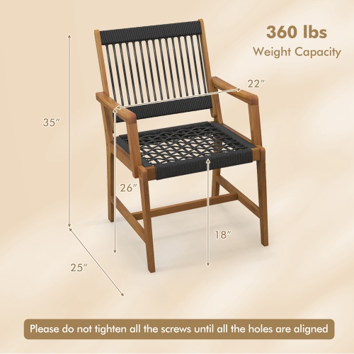 Costway Patio 2pcs Acacia Wood Dining Chairs All-Weather Rope Woven Armchairs Outdoor