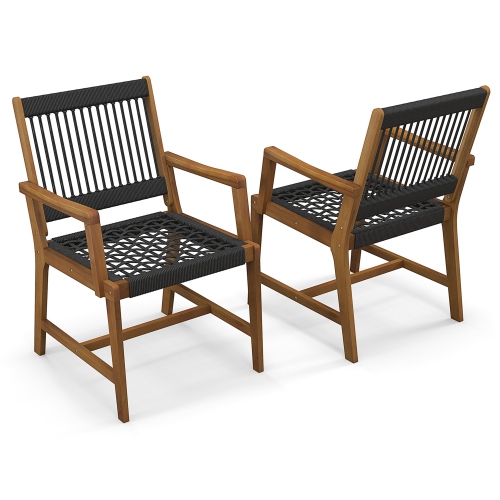 Costway Patio 2pcs Acacia Wood Dining Chairs All-Weather Rope Woven Armchairs Outdoor