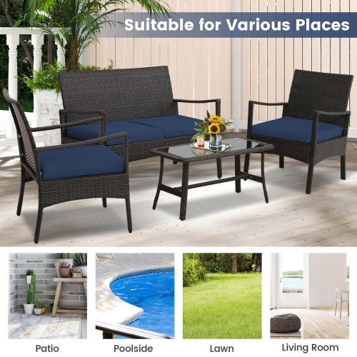 Costway 4PCS Patio Rattan Wicker Furniture Set Cushioned Sofa Armrest Coffee Table Navy